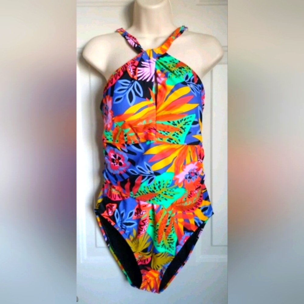 NWT BLEU ROD BEATTIE NIGHT SAFARI HIGH NECK ONE PIECE SWIMSUIT SZ 8